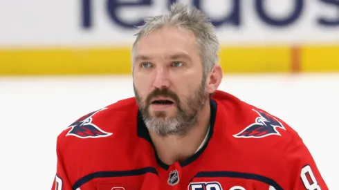 Alex Ovechkin #8 of the Washington Capitals warms up prior to a game against the Carolina Hurricanes in Game Five of the Second Round of the 2025 Stanley Cup Playoffs at Capital One Arena on May 15, 2025 in Washington, DC.