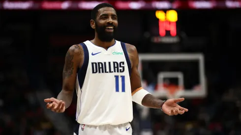 Kyrie Irving #11 of the Dallas Mavericks reacts during the game against the New Orleans Pelicans at Smoothie King Center.