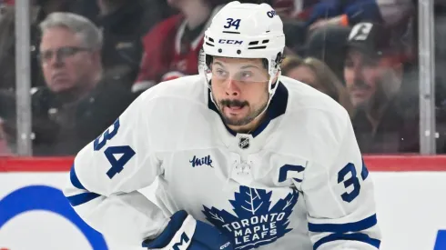 Auston Matthews #34 of the Toronto Maple Leafs skates the puck during the second period against the Montreal Canadiens at the Bell Centre on January 18, 2025 in Montreal, Quebec, Canada.