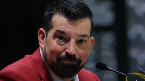 Head coach Ryan Day of the Ohio State Buckeyes speaks to the media during the Ohio State Buckeyes media day at the Georgia World Congress Center prior to the 2025 CFP National Championship between the Ohio State Buckeyes and Notre Dame Fighting Irish on January 18, 2025 in Atlanta, Georgia.
