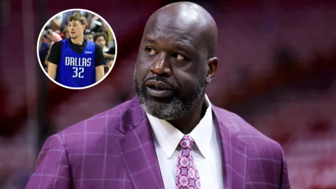Cooper Flagg and Shaquille O'Neal looks on prior to a game between the Boston Celtics and Miami Heat.
