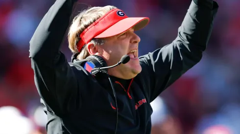 Head coach Kirby Smart of the Georgia Bulldogs reacts during the first quarter against the Massachusetts Minutemen at Sanford Stadium on November 23, 2024 in Athens, Georgia.