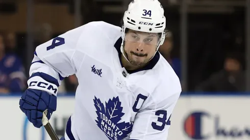 Auston Matthews #34 of the Toronto Maple Leafs in action during the game against the New York Rangers at Madison Square Garden on March 20, 2025 in New York City. The Maple Leafs won 4-3.