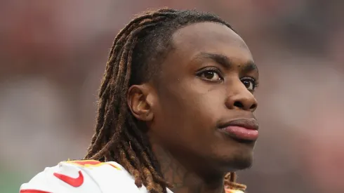 Xavier Worthy #1 of the Kansas City Chiefs on the field during the NFL game against the Las Vegas Raiders at Allegiant Stadium on October 27, 2024 in Las Vegas, Nevada.