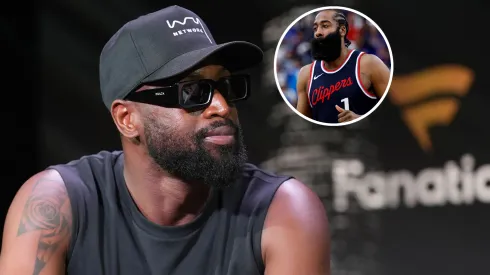 Dwyane Wade speaks onstage at Fanatics Fest NYC 2025 and James Harden #1 of the Los Angeles Clippers.