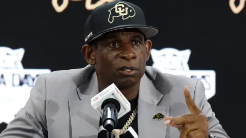 Head coach Deion Sanders of the Colorado Buffaloes speaks with the media during the Big 12 Media Days at The Ford Center at The Star on July 09, 2025 in Frisco, Texas.