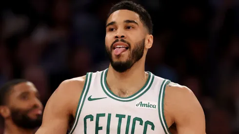 Jayson Tatum #0 of the Boston Celtics reacts after his shot in the first quarter against the New York Knicks.