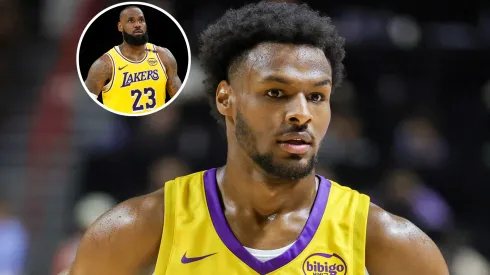 Bronny James #9 of the Los Angeles Lakers and LeBron James #23 of the Los Angeles Lakers.