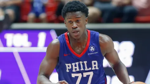 VJ Edgecombe #77 of the Philadelphia 76ers brings the ball up the court during the first half of their NBA Summer League game against the Utah Jazz at the Jon M. Huntsman Center on July 5, 2025 in Salt Lake City, Utah.