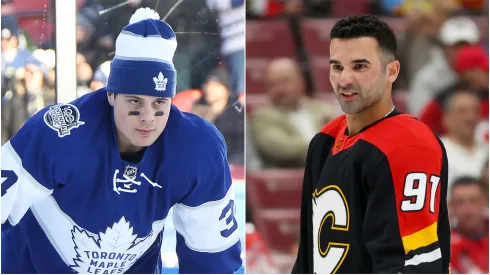 Auston Matthews #34 of the Toronto Maple Leafs and Nazem Kadri #91 of the Calgary Flames