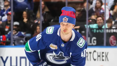 Elias Pettersson #40 of the Vancouver Canucks competes in the competes in the Scotiabank NHL Passing Challenge during 2024 NHL All-Star Skills Competition at Scotiabank Arena on February 02, 2024 in Toronto, Ontario.