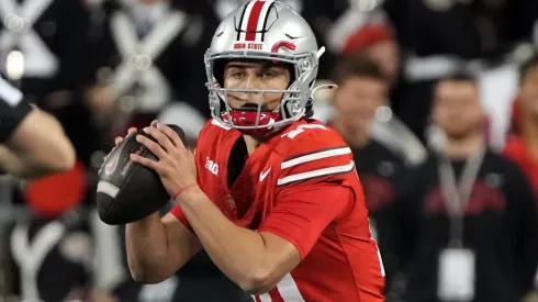 Quarterback Julian Sayin #10 of the Ohio State Buckeyes looks to pass the ball during the fourth quarter against the Western Michigan Broncos at Ohio Stadium on September 07, 2024 in Columbus, Ohio.