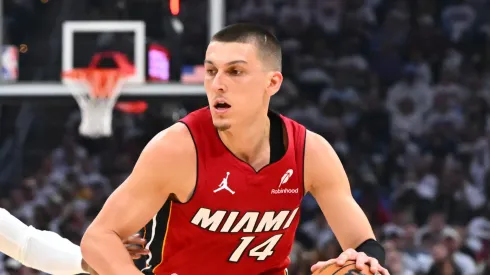 Tyler Herro #14 of the Miami Heat during the second quarter of game one of the first round of the Eastern Conference Playoffs.