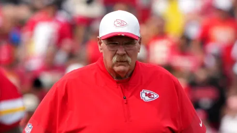 Head coach Andy Reid of the Kansas City Chiefs watches his team during training camp at Missouri Western State University on August 03, 2025 in St Joseph, Missouri.