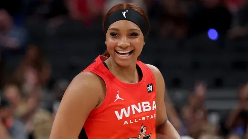Kiki Iriafen #44 of the Washington Mystics reacts after a basket during the 2025 AT&T WNBA All-Star Game at Gainbridge Fieldhouse on July 19, 2025.