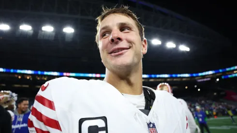 Brock Purdy #13 of the San Francisco 49ers reacts after defeating the Seattle Seahawks 36-24 at Lumen Field on October 10, 2024 in Seattle, Washington.