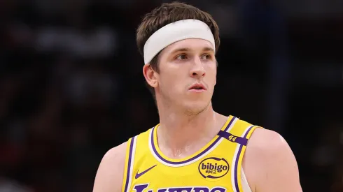 Austin Reaves #15 of the Los Angeles Lakers looks on against the Chicago Bulls during the first half at the United Center.
