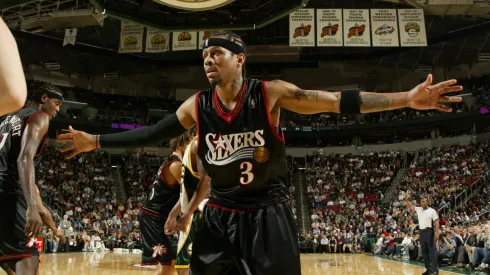 Allen Iverson #3 of the Philadelphia 76ers plays defense against the Seattle Sonics on November 15, 2006 at Key Arena.