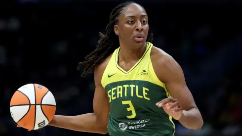 Nneka Ogwumike #3 of the Seattle Storm dribbles against the Minnesota Lynx during the first half at Climate Pledge Arena on August 05, 2025.