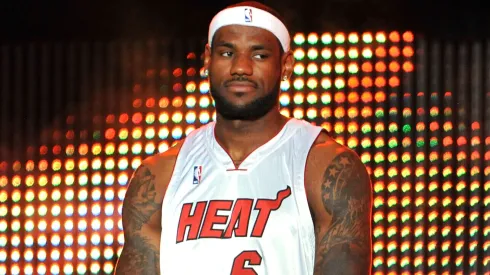 LeBron James #6 of the Miami Heat is introduced during a welcome party at American Airlines Arena.