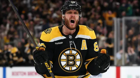 David Pastrnak #88 of the Boston Bruins celebrates after scoring against the Ottawa Senators during the third period at TD Garden on January 23, 2025 in Boston, Massachusetts. The Bruins defeat the Senators 2-0.
