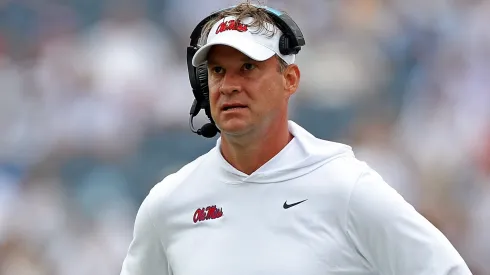 Head coach Lane Kiffin of the Mississippi Rebels looks on during the first half against the Mercer Bears at Vaught-Hemingway Stadium on September 02, 2023 in Oxford, Mississippi.