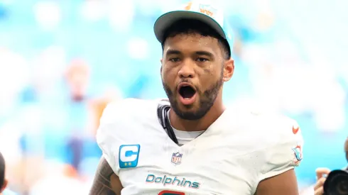 Tua Tagovailoa #1 of the Miami Dolphins reacts after his team's 70-20 win against the Denver Broncos at Hard Rock Stadium on September 24, 2023 in Miami Gardens, Florida.