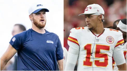 Sam Darnold #14 of the Seattle Seahawks and Quarterback Patrick Mahomes #15 of the Kansas City Chiefs.