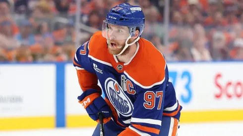 Connor McDavid #97 of the Edmonton Oilers skates with the puck against the Florida Panthers during the first period in Game Two of the 2025 Stanley Cup Final at Rogers Place on June 06, 2025 in Edmonton, Alberta, Canada.