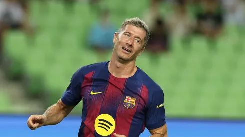 Robert Lewandowski of FC Barcelona celebrates scores his side’s second goal during the pre-season friendly between FC Barcelona and Daegu FC