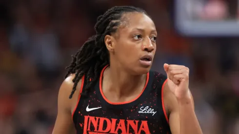 Kelsey Mitchell #0 of the Indiana Fever reacts during the second quarter against the Dallas Wings at Gainbridge Fieldhouse on August 12, 2025 in Indianapolis, Indiana.