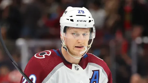 Nathan MacKinnon #29 of the Colorado Avalanche looks on against the Chicago Blackhawks during the first period at the United Center on February 29, 2024 in Chicago, Illinois.