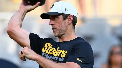 Aaron Rodgers #8 of the Pittsburgh Steelers throws a pass prior to the NFL Preseason 2025 game against the Tampa Bay Buccaneers.