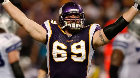 Defensive end Jared Allen #69 of the Minnesota Vikings celebrates his sack against Tony Romo #9 of the Dallas Cowboys during the second quarter of the NFC Divisional Playoff Game in 2010.