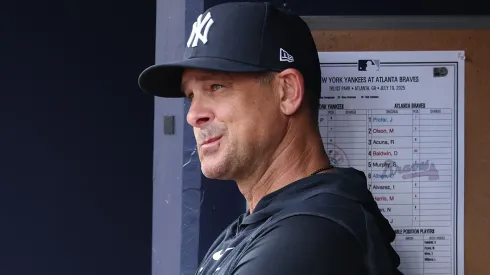 Manager Aaron Boone #17 of the New York Yankees looks on prior to facing the Atlanta Braves at Truist Park on July 19, 2025 in Atlanta, Georgia.