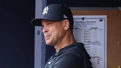 Aaron Boone looks on prior to facing the Braves on July 19, 2025 in Atlanta, Georgia.