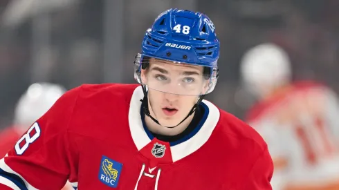 Lane Hutson #48 of the Montreal Canadiens against the Calgary Flames at the Bell Centre.