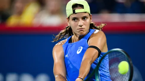 Emiliana Arango playing during their first round match on Day Two of the WTA 1000 National Bank Open in 2025.