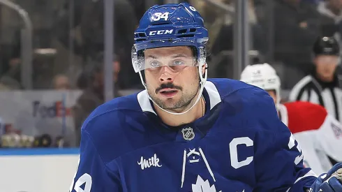 Auston Matthews #34 of the Toronto Maple Leafs skates against of the Montreal Canadiens.