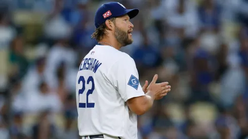 Clayton Kershaw #22 of the Los Angeles Dodgers reacts to a solo home run.