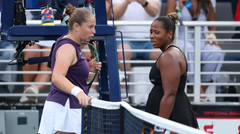 Taylor Townsend of the United States (R) greets Jelena Ostapenko of Latvia.