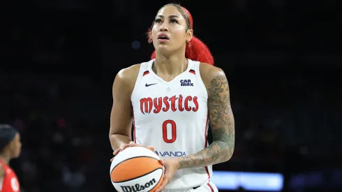 Shakira Austin #0 of the Washington Mystics shoots a free throw against the Las Vegas Aces in the fourth quarter of their game.
