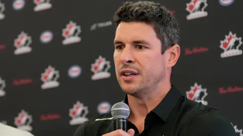 Sidney Crosby speaks to media during Hockey Canada's 2025 National Teams Orientation Camp.