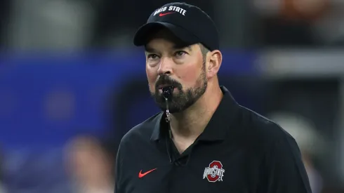 Head coach Ryan Day of the Ohio State Buckeyes looks on before the Goodyear Cotton Bowl against the Texas Longhorns at AT&T Stadium on January 10, 2025 in Arlington, Texas.