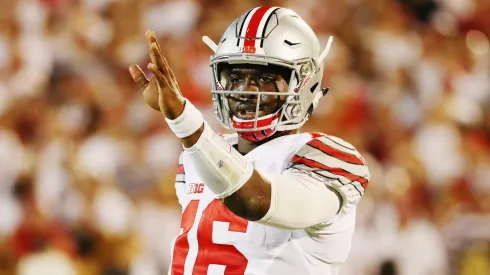 J.T. Barrett #16 of the Ohio State Buckeyes waits for a play on the field in the first half of a game in 2016.