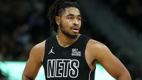 Cam Thomas #24 of the Brooklyn Nets waiting for a free throw.