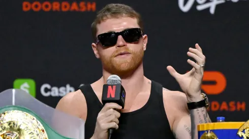 Canelo Alvarez speaks onstage during Netflix's Canelo vs Crawford press conference.