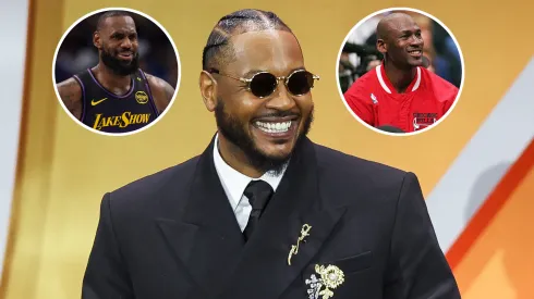Carmelo Anthony in the 2025 Hall of Fame Ceremony, LeBron James and Michael Jordan.