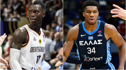 Dennis Schroder of Germany and Giannis Antetokounmpo of Greece.