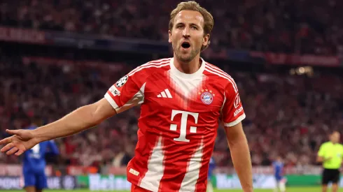 Harry Kane of Bayern Munich celebrates scoring against Chelsea.